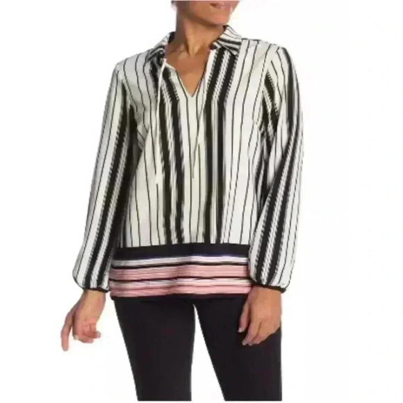 Beige By ECI Women’s Large Striped V Neck Tunic Long Sleeves Tassel Blouse - Picture 1 of 12